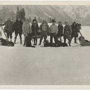 Cover image of Lake Minnewanka 1922 - Left to Right: First Cameraman, Business man who sold [?] Ranch to Lindsay's, Frank Borzage, Alma Rubens, Bunny Dull, Jim MacIntosh - owned malamutes from Calling Lake, Alta., Lew Borzage, Cyril Gardinder, Second Cameraman - the one Pete was with in N.Y.